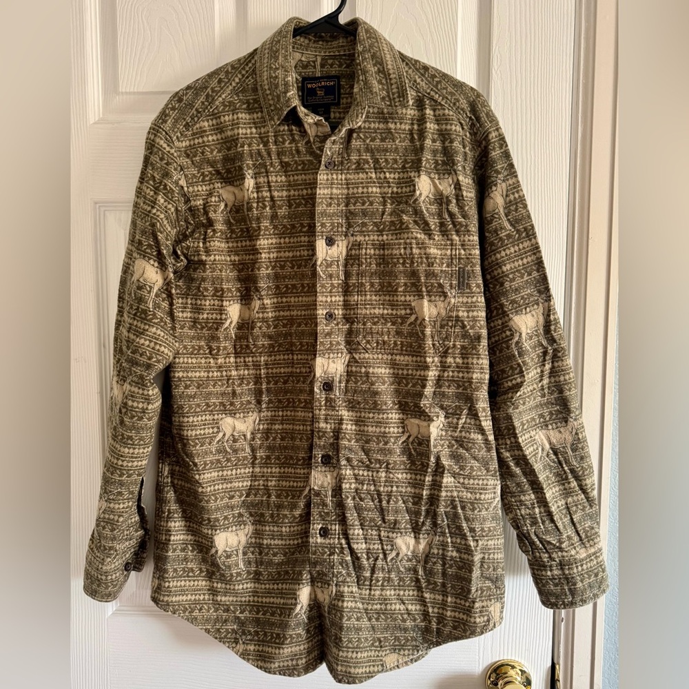 Woolrich Men’s Deer Print Button Down Cotton Shirt Size Medium